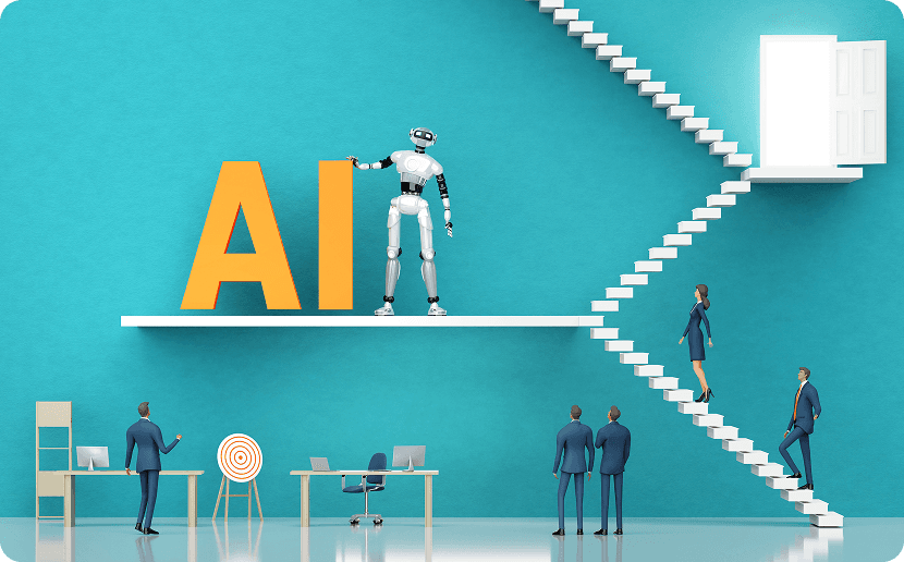 A CEO looking at a futuristic interface, representing AI leadership.